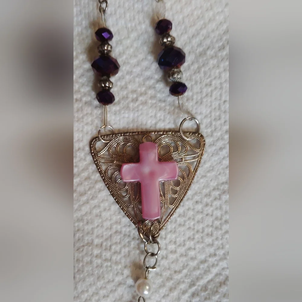 Pink and White Rosary Bookmark with Silver Tone Dove Charm Handmade